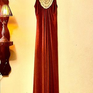 Handmade 70s boho maxi dress w shell & lace detail